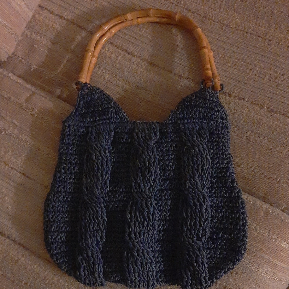 Handcrafted Navy Blue Woven Bag with Bamboo Handle